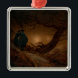 Ornamento De Metal Dois homens vendo a luz da lua à noite<br><div class="desc">Esta design apresenta uma pintura do artista alemão Caspar David Friedrich do século XIX (1774-1840). Ele retrata duas figuras humanas em uma floresta escura. Eles são silenciados por um céu mais brilhante e de cor pastel. O céu sugere que o tempo está perto do anoitecer, à medida que a lua...</div>