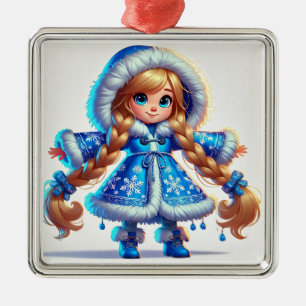 Ornamento De Metal Donzela de neve adorável em casaco azul