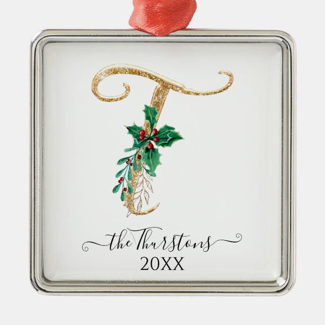 Ornamento De Metal Dourado Monograma T Glitter Folhagem de Natal Holl (Frente)