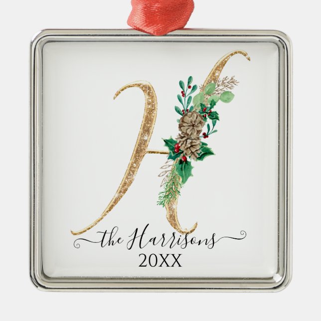 Ornamento De Metal Dourado pinheiro branco Holly Monograma de Natal H (Frente)