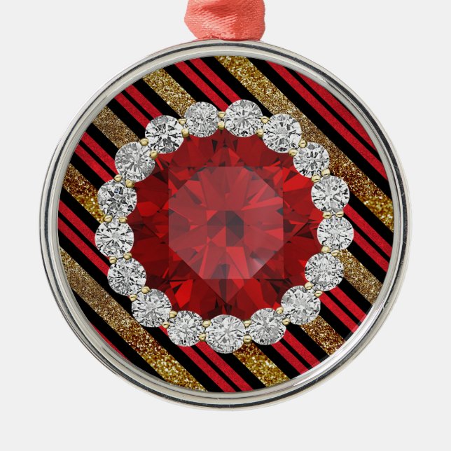 Ornamento De Metal Dourado Vermelho e Preto Falsa Ruby & Diamantes (Frente)