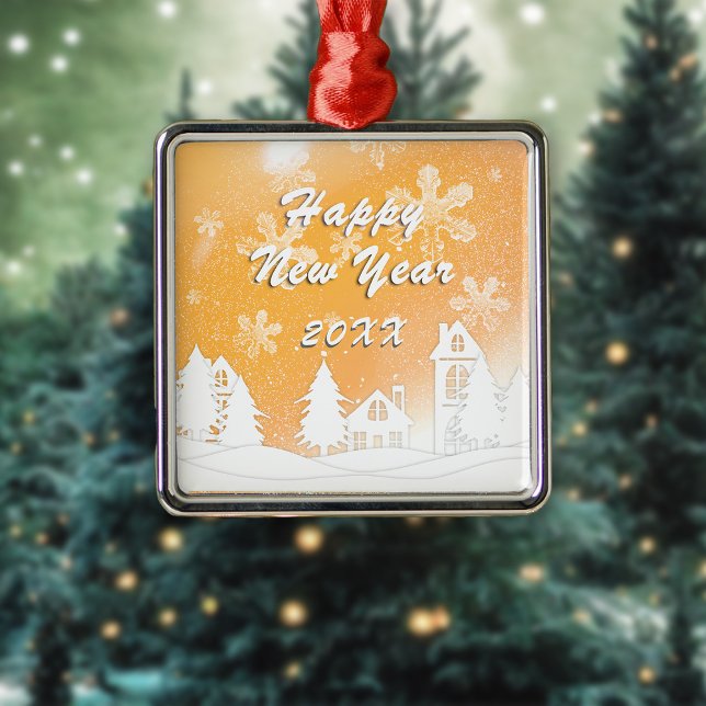 Ornamento De Metal Dourado White Snow House Feliz Natal (Criador carregado)