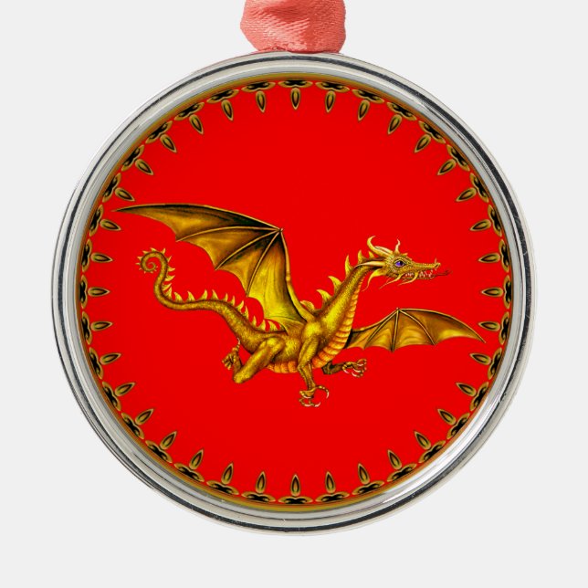 Ornamento De Metal dragão de ouro com fundo vermelho (Frente)