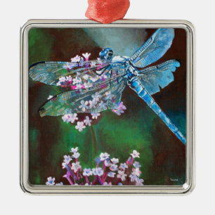 Ornamento De Metal Dragonfly Azul Descansada Em Alho Selvagem