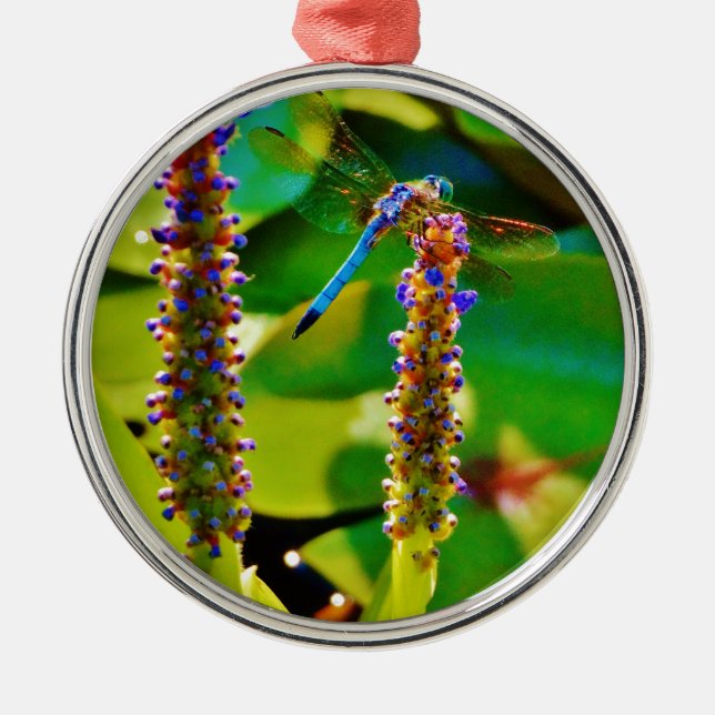 Ornamento De Metal Dragonfly azul e flores (Frente)