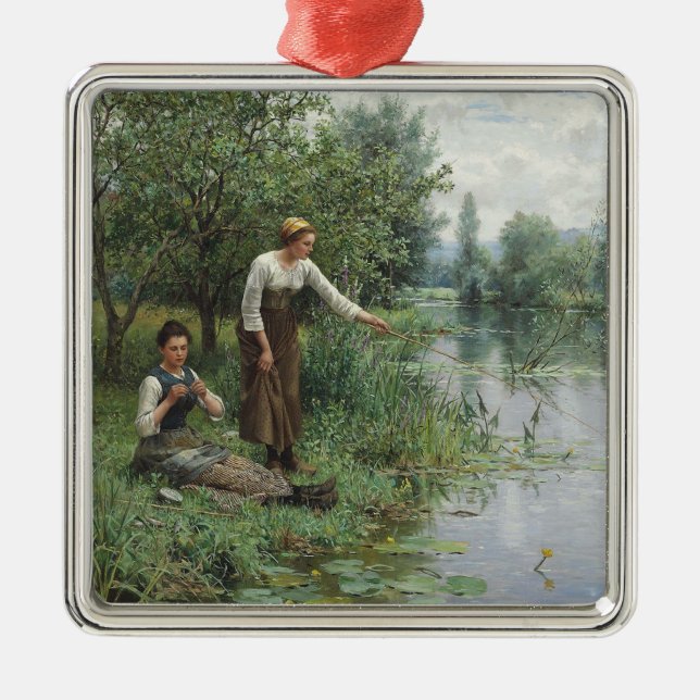 Ornamento De Metal Duas mulheres pescando na grama pelo rio (Frente)