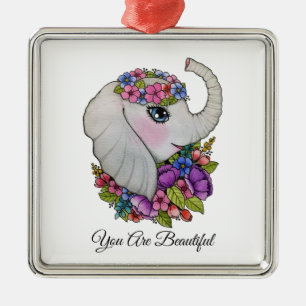 Ornamento De Metal Elefante De Aquarela Com Flores Selvagens