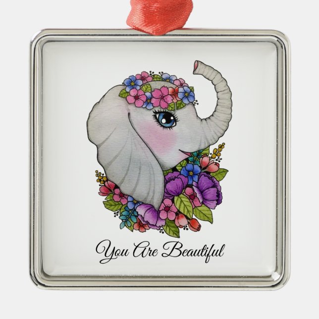 Ornamento De Metal Elefante De Aquarela Com Flores Selvagens (Frente)