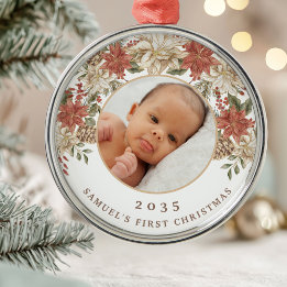 Ornamento De Metal Elegant Poinsettia Baby's First Christmas Photo