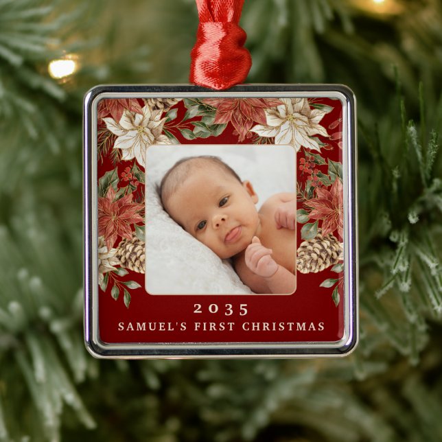 Ornamento De Metal Elegant Rich Red Baby's First Christmas Photo (Árvore)