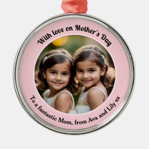 Ornamento De Metal Elegante Foto Personalizada Dia das Mães Rosa