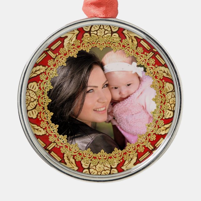Ornamento De Metal Elegante Lavish Red e Dourada foto personalizada d (Frente)
