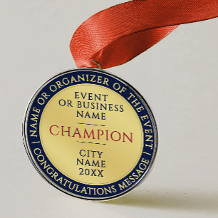 Ornamento De Metal Elegante Medalha Campeã Dourada Azul Negócios Real