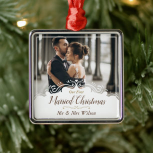 Ornamento De Metal Elegante Nosso Primeiro Natal de Casados Uma Foto
