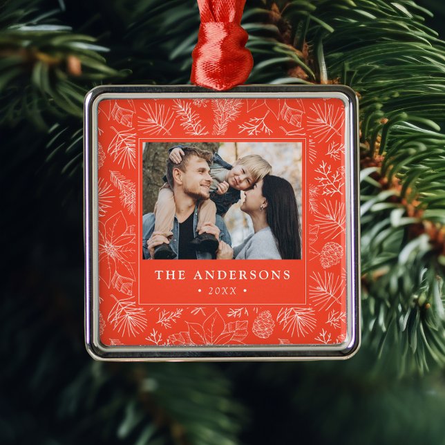 Ornamento De Metal Elegante Poinsettias e Pinecones Orange Photo (Criador carregado)