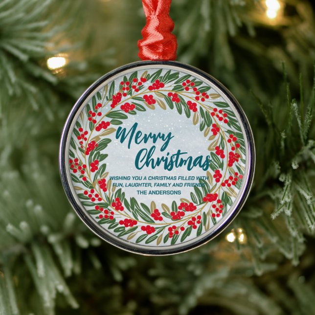 Ornamento De Metal Elegante Red Wreath Holly Berries Dourado Xmas (Árvore)