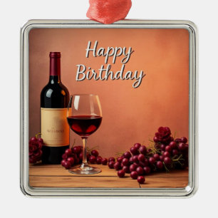 Ornamento De Metal Elegante Vinícola Feliz Aniversário Vinho & Uvas