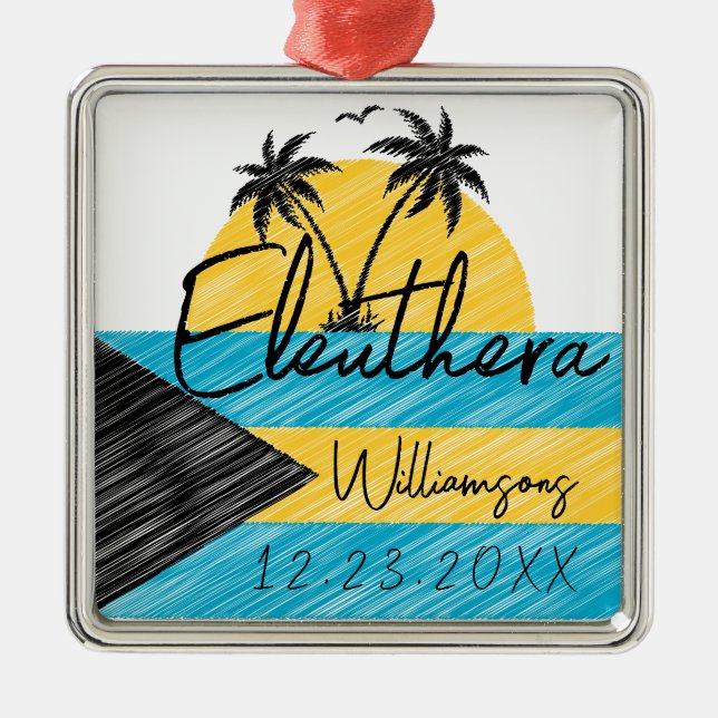 Ornamento De Metal Eleuthera Bahamas Flag Palm Tree Sunset Souvenirs (Frente)