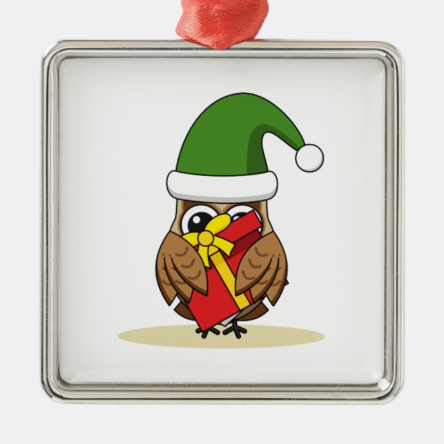Ornamento De Metal Elf Owl de Natal com Presente (Frente)