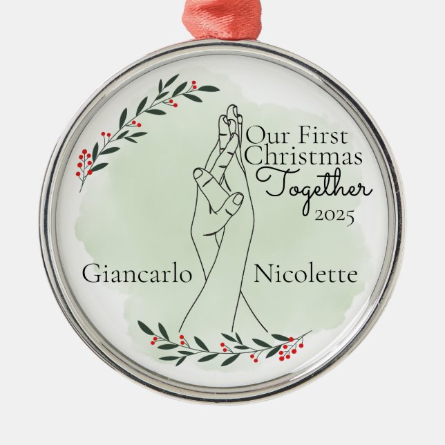Ornamento De Metal Encaixando Mãos Primeiro Natal Juntos (Frente)