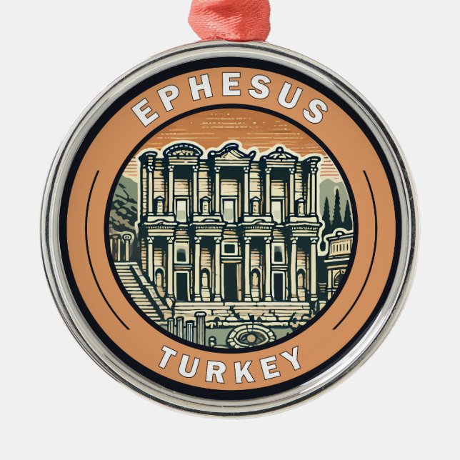 Ornamento De Metal Ephesus Turkey Illustration Viagem Art Crachá (Frente)