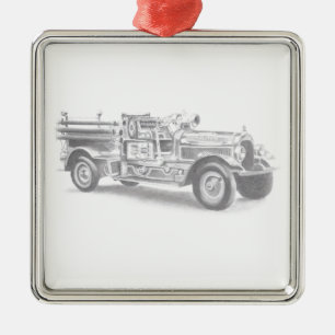 Ornamento De Metal esboço a lápis de caminhão de bombeiros antigo des