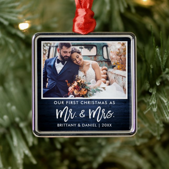 Ornamento De Metal Escova Azul Madeira Primeiro Natal Sr. Sra. (Árvore)