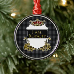 Ornamento De Metal Escudo da Coroa Real Preto Gingham Luxo Cinza