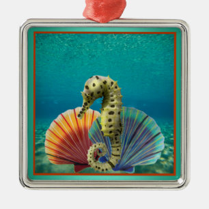 Ornamento De Metal Escudos amarelos do cavalo marinho e de Scallop