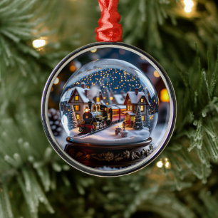 Ornamento De Metal Esfera de neve com Trem e Vila Antigos