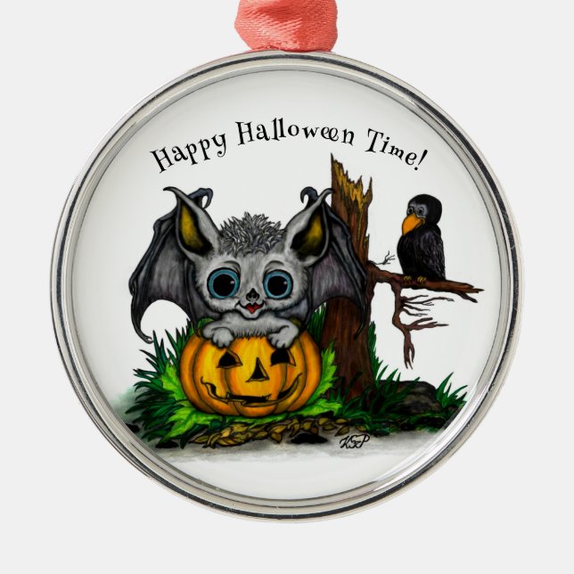 Ornamento De Metal Esperando o Halloween, Cute Bat e Raven (Frente)