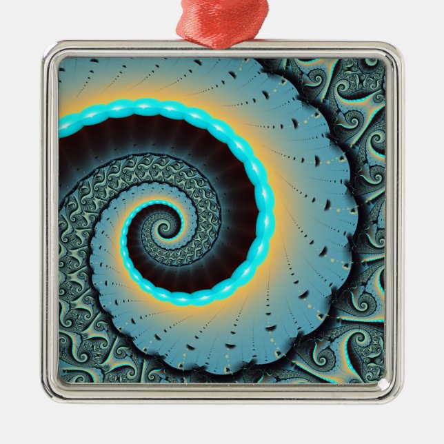 Ornamento De Metal Espiral de Arte Fractal Laranja abstrato azul Turq (Frente)