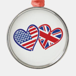 Ornamento De Metal Estados Unidos e Reino Unido Flag Hearts