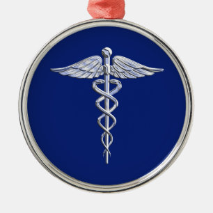 Ornamento De Metal Estilo Cromo Símbolo Médico de Caduceus no Azul 