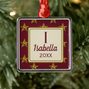 Ornamento De Metal Estrela Dourada Vermelha de Natal Monograma Inicia