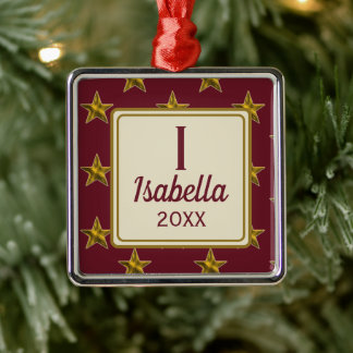 Ornamento De Metal Estrela Dourada Vermelha de Natal Monograma Inicia