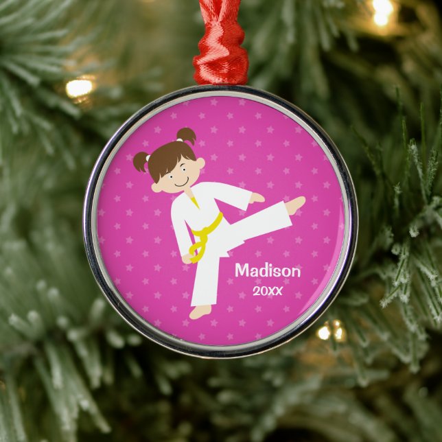 Ornamento De Metal Estrelas Rosa Taekwondo Karate Girl Personalizadas (Árvore)