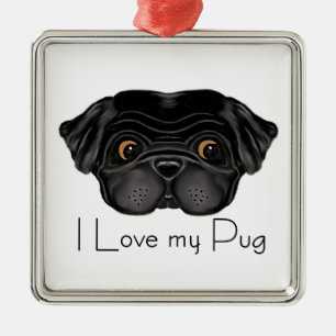 Ornamento De Metal Eu amo meu Pug preto