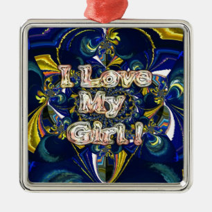 Ornamento De Metal Eu Amo Minha Garota: Arte Fractal Azul e Dourada A