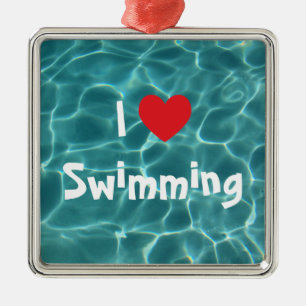 Ornamento De Metal Eu Amo Nadar Coração Vermelho com Água da Piscina
