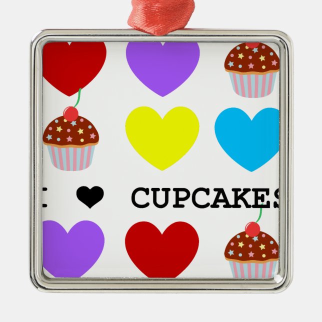 Ornamento De Metal eu amo o cupcake brilhante do design dos cupcakes (Frente)