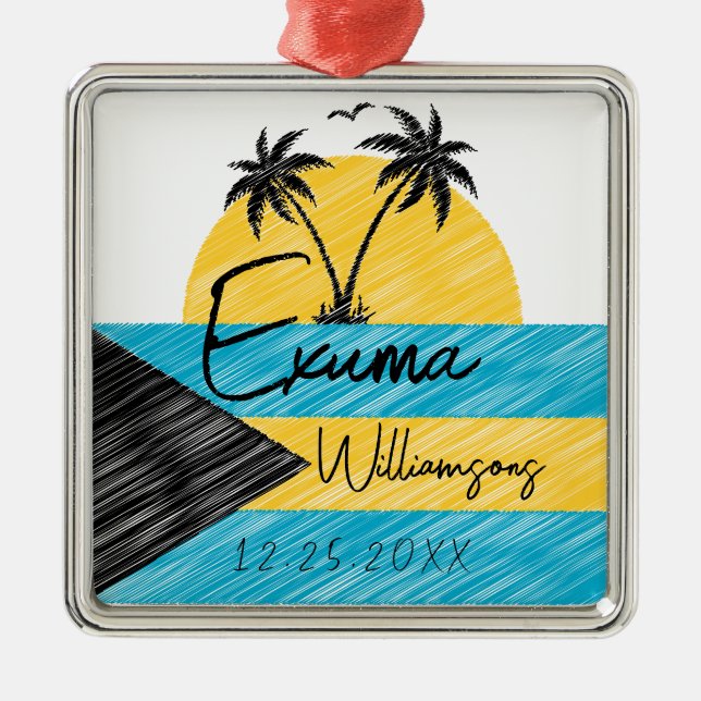 Ornamento De Metal Exuma Bahamas Flag Palm Tree Sunset Souvenirs (Frente)
