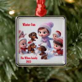 Ornamento De Metal Família Dachshund Winter