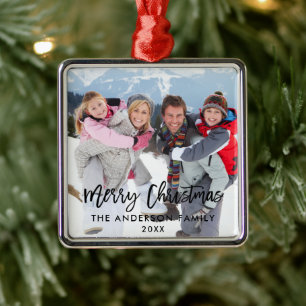 Ornamento De Metal Família Foto Feliz Natal Quadrado Script Pincel