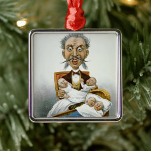 Ornamento De Metal Família Vintage, Pai com Bebês Quadruplet