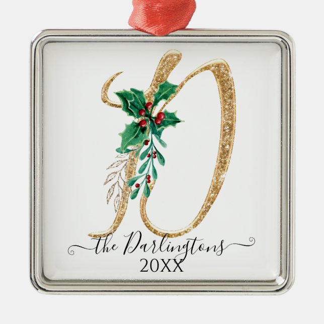 Ornamento De Metal Family Holly Christmas Gold Glitter Monogram D (Frente)