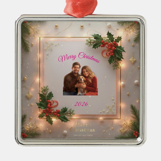 Ornamento De Metal Family Photo Christmas Ornament | Personalized Hol (Frente)