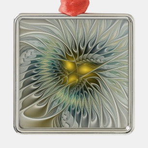 Ornamento De Metal Fantasia de Flor de Prata Dourada Arte Fractal Abs