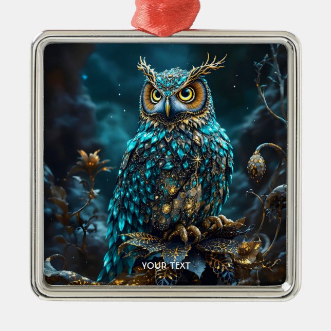 Ornamento De Metal Fantasy Cute Brass Turquoise Owl (Frente)