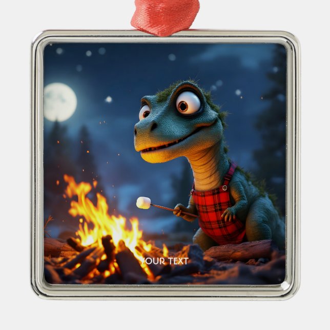 Ornamento De Metal Fantasy Cute Dino Campfire Moon (Frente)